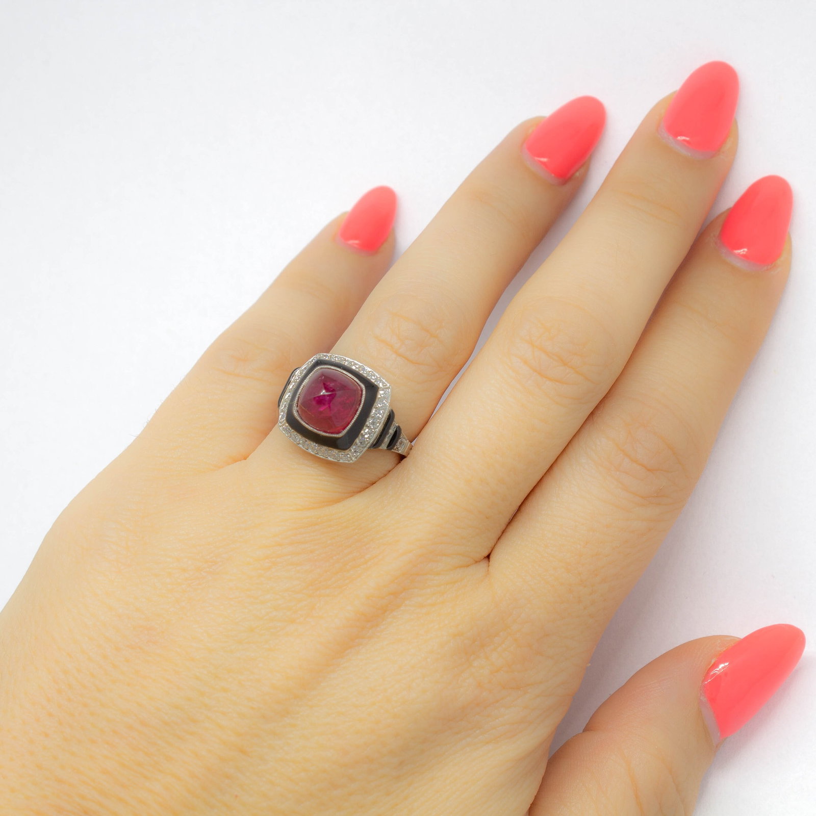 Handmade Platinum Natural Ruby and Old Mine Diamond Ring - 4