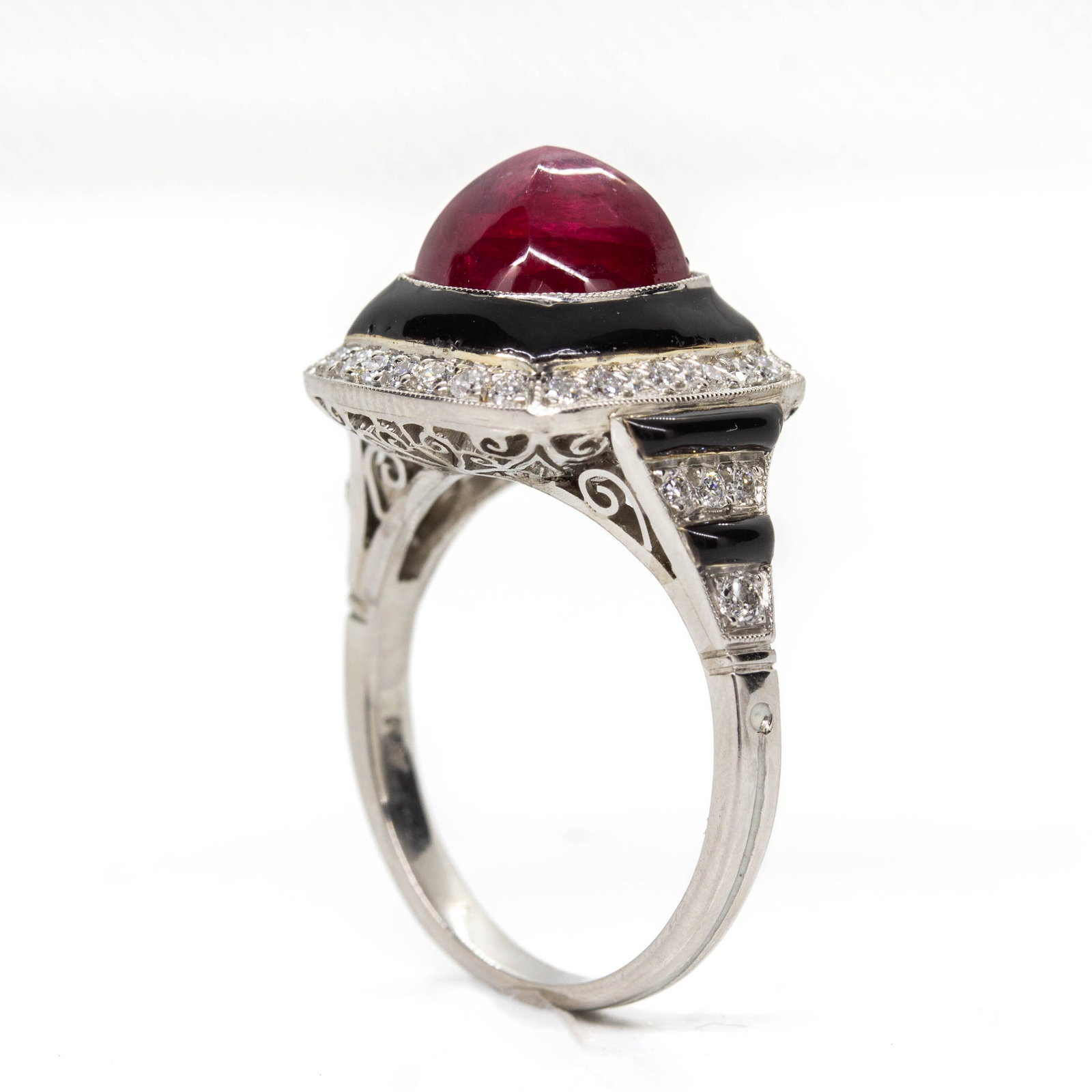 Handmade Platinum Natural Ruby and Old Mine Diamond Ring - 5
