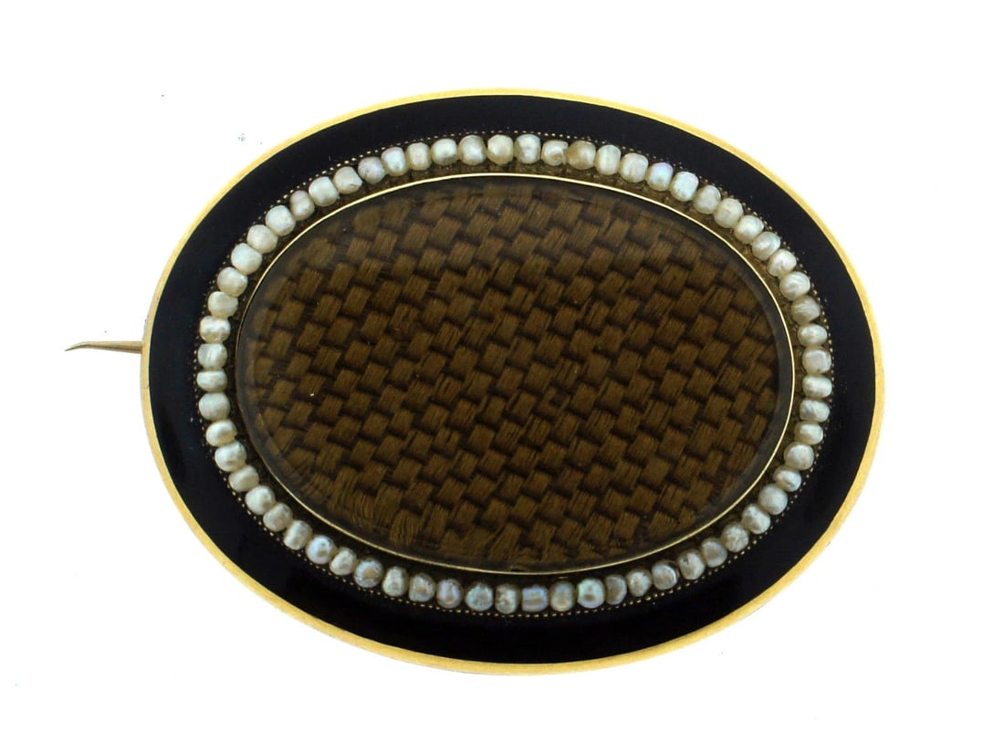 C.1900 VICTORIAN 18K YELLOW GOLD LOCKET BROOCH PIN ANTIQUE ENAMEL MOURNING PEARL - 5