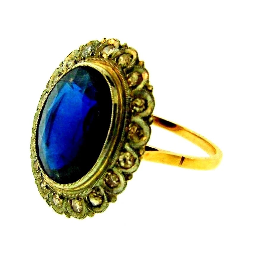 STUNNING Victorian 14k Yellow Gold, Platinum Diamond & Synthetic Sapphire Ring: Title: STUNNING Victorian 14k Yellow Gold, Platinum Diamond & Synthetic Sapphire Ring Description: DK Victorian Platinum, 14k Yellow Gold, Synthetic Sapphire & Diamond Ring Circa 1900s · This is