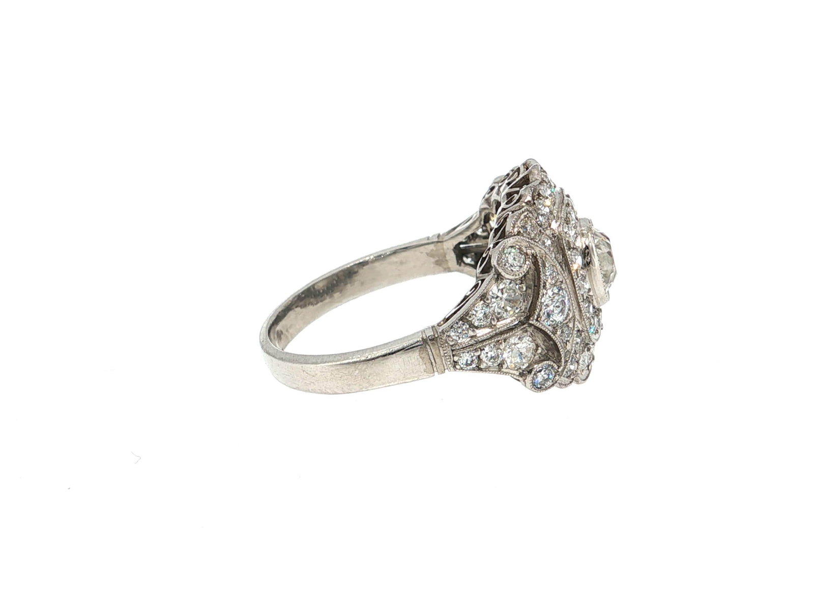 Antique Cushion Cut Diamond Double Halo Platinum Cocktail Ring - 4