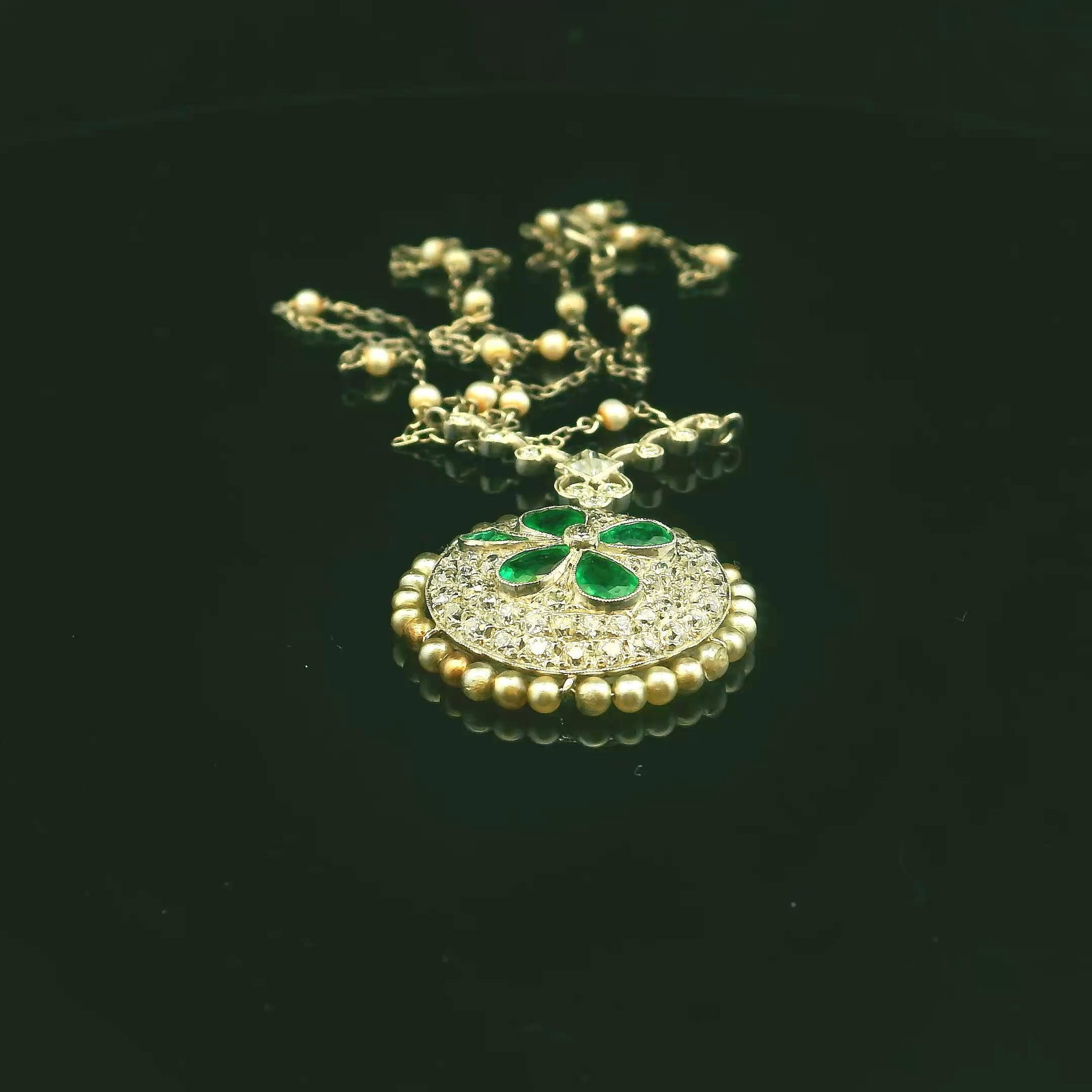 Platinum Natural Diamond and Emerald Pendant with Pearl Chain - 6
