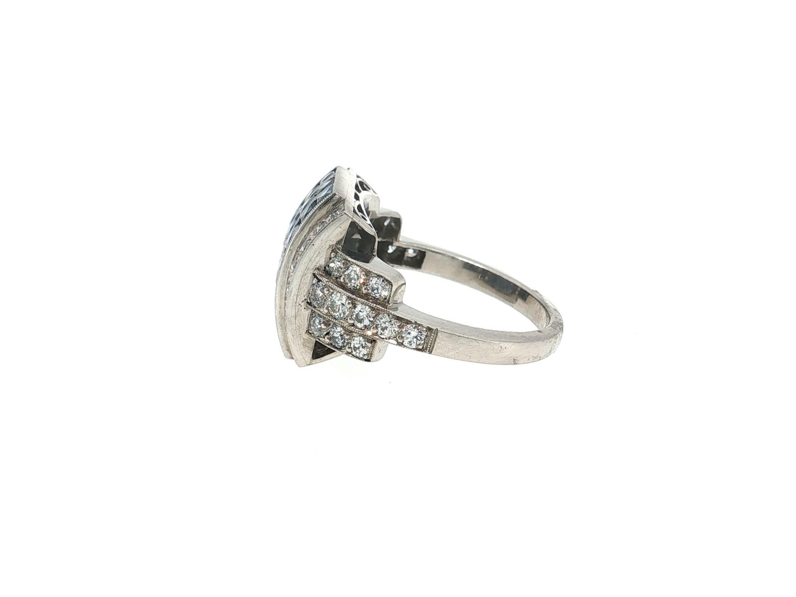 Art Deco Style Blue Sapphire and Diamond Platinum Cocktail Ring - 2