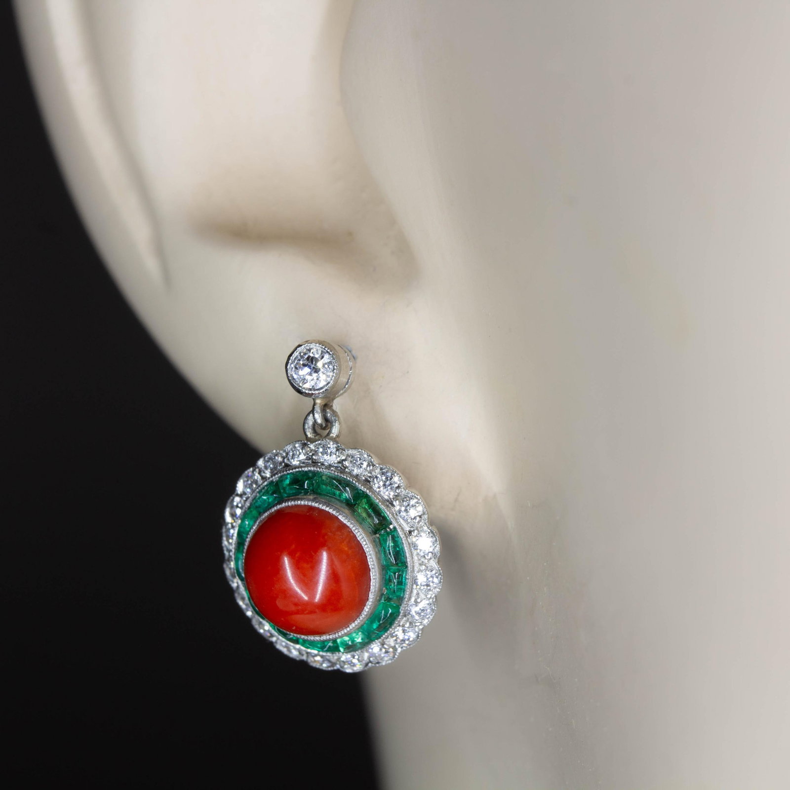 Art Deco Natural Coral, Emerald, and Diamond Earrings - 4