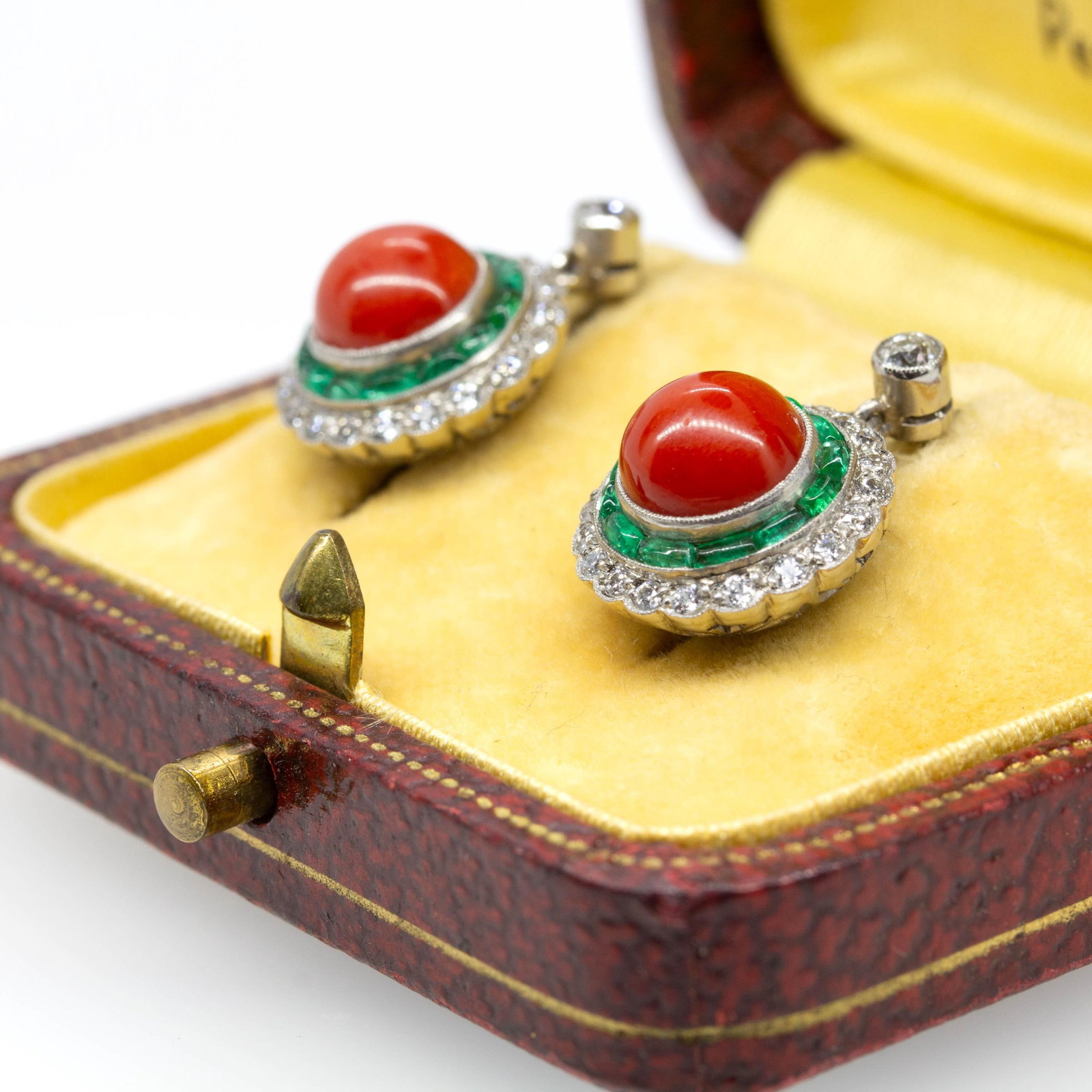 Art Deco Natural Coral, Emerald, and Diamond Earrings - 5