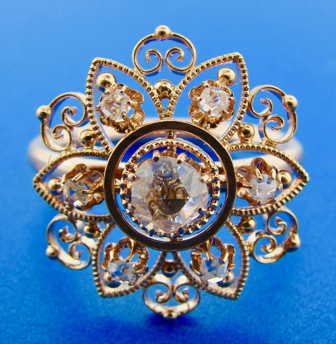 Victorian 14k Yellow Gold Lace Filigree Rose Cut Diamond Slice Flower Ring: Title: Victorian 14k Yellow Gold Lace Filigree Rose Cut Diamond Slice Flower Ring Description: AK IT0 Victorian 14k Yellow Gold Lace Filigree Rose Cut Diamond Slice Flower Ring · Wonderful ring