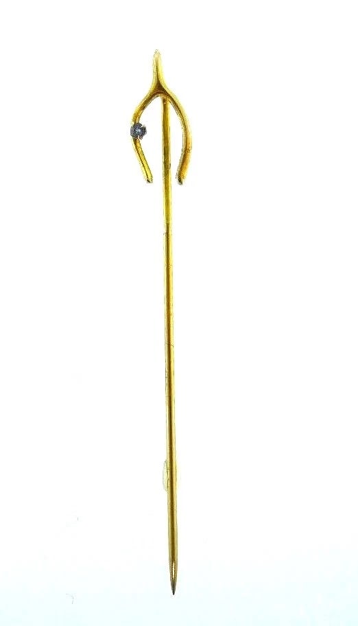 Antique 10k Yellow Gold Aquamarine Wishbone Pin: Title: Antique 10k Yellow Gold Aquamarine Wishbone Pin Description: NS JT0 Antique 10k yellow gold aquamarine wishbone pin Stamped with a hallmark for 10k gold Measurements: 1/16" W x 2 5/8 " L, top