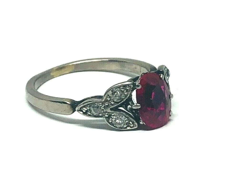 1950’s Platinum Synthetic Ruby Rose Cut Diamond Ring Flower Leaves ( Lab Created - 3