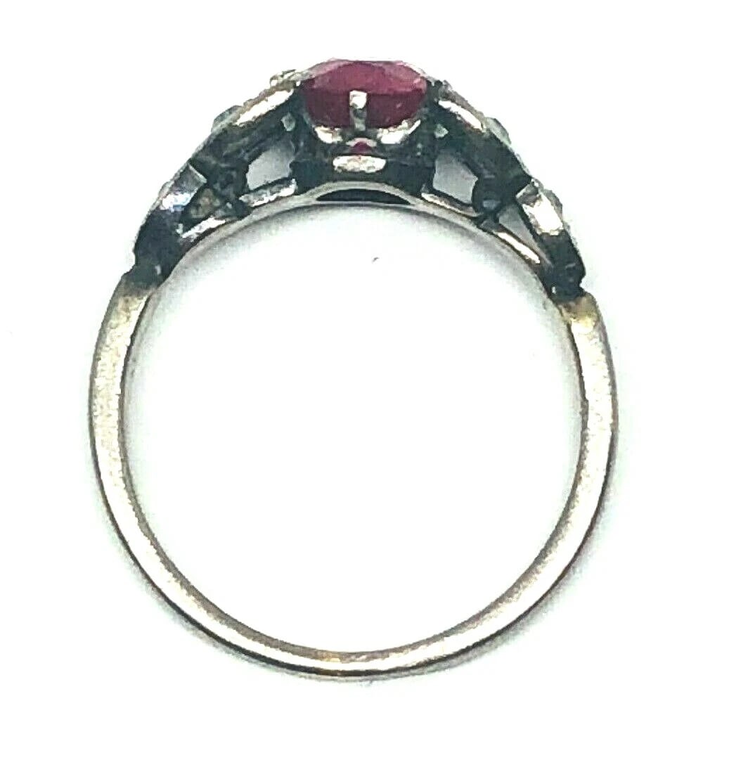 1950’s Platinum Synthetic Ruby Rose Cut Diamond Ring Flower Leaves ( Lab Created - 5
