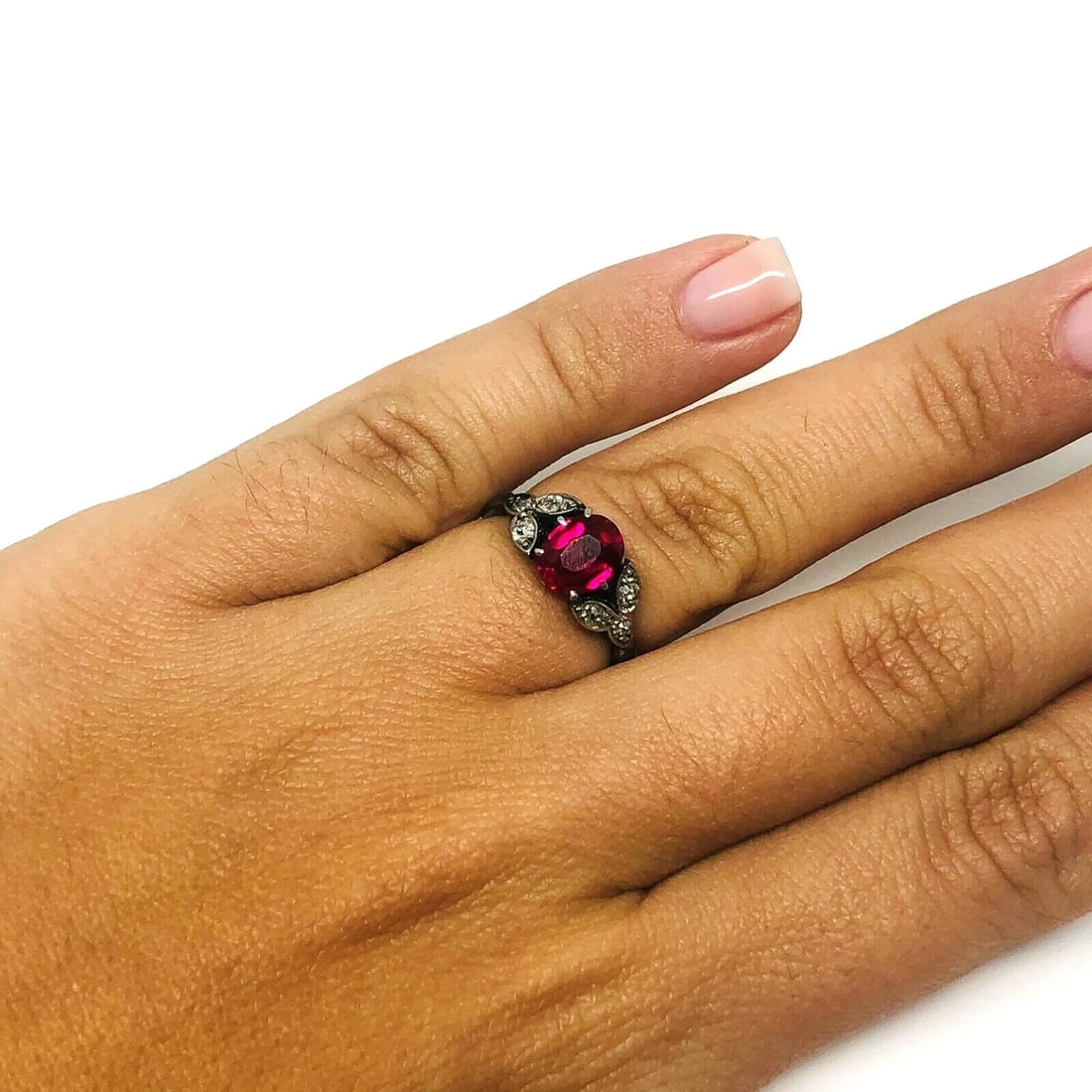 1950’s Platinum Synthetic Ruby Rose Cut Diamond Ring Flower Leaves ( Lab Created - 6