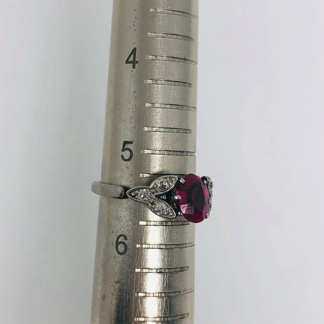 1950’s Platinum Synthetic Ruby Rose Cut Diamond Ring Flower Leaves ( Lab Created - 9