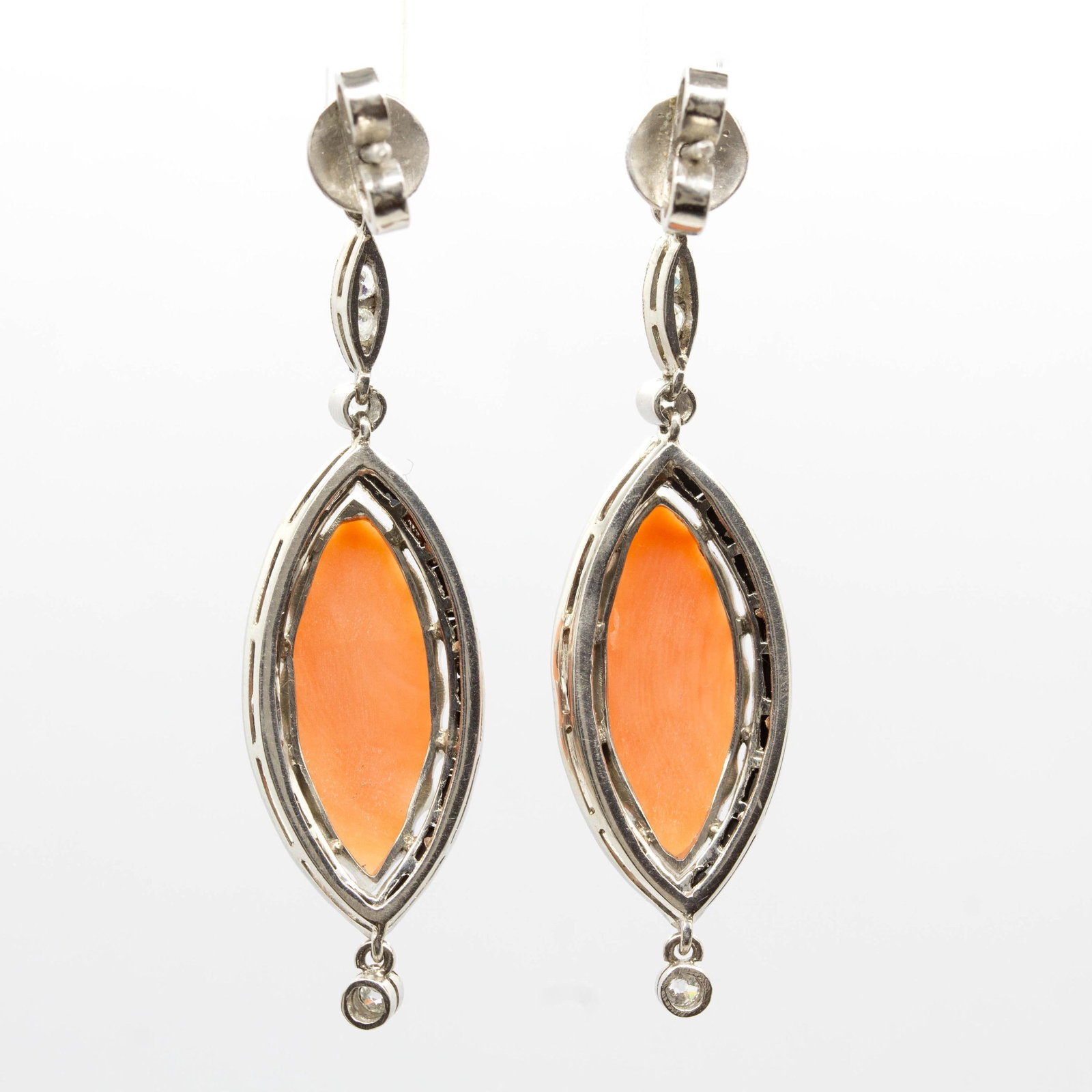 Edwardian Platinum Natural Coral, Calibrated Onyx, and Natural Diamond Earrings - 3