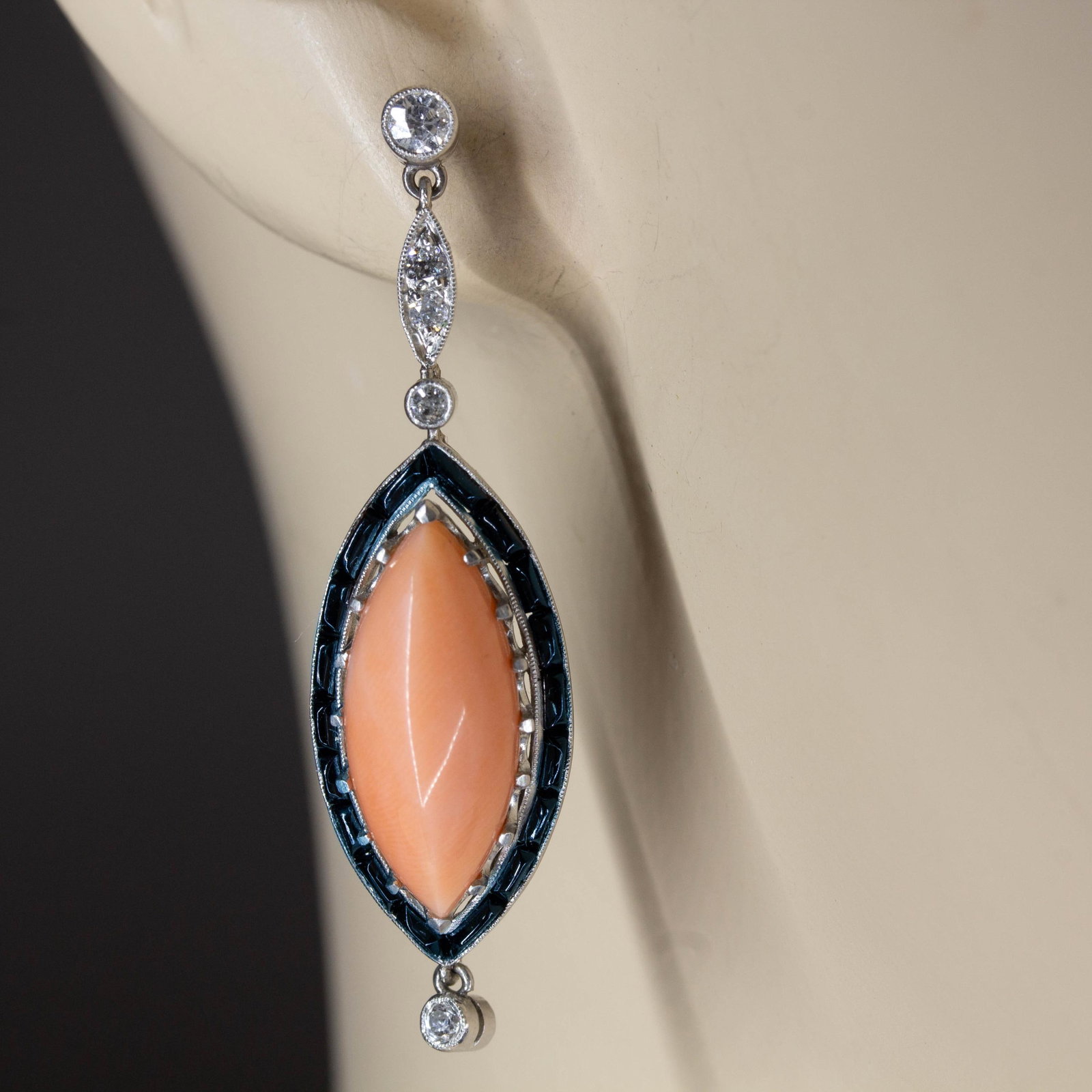 Edwardian Platinum Natural Coral, Calibrated Onyx, and Natural Diamond Earrings - 4