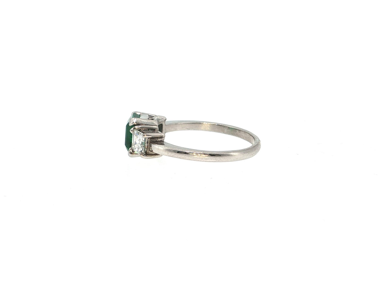 Emerald and Square-Cut Diamond Three-Stone Platinum Ring - 2