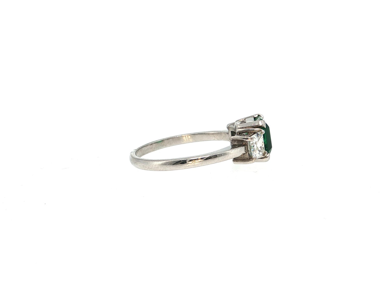 Emerald and Square-Cut Diamond Three-Stone Platinum Ring - 4