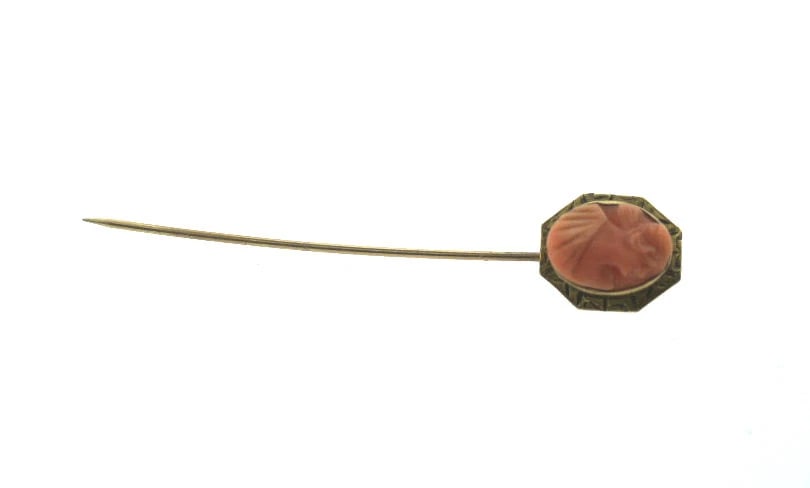 C.1900 VICTORIAN STICK PIN CARVED CORAL CAMEO 9K YELLOW GOLD - 2