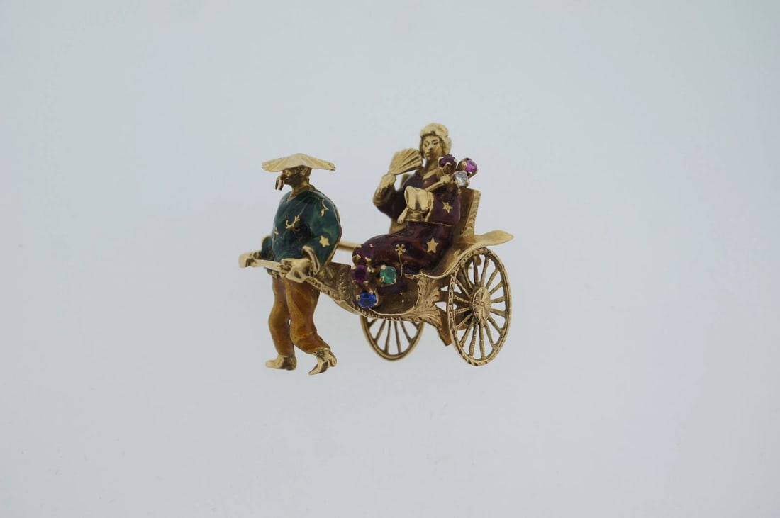 18K 750 YELLOW GOLD ENAMEL RIKSHA BROOCH PIN STAMPED RUBY SAPPHIRE DIAMOND - 5