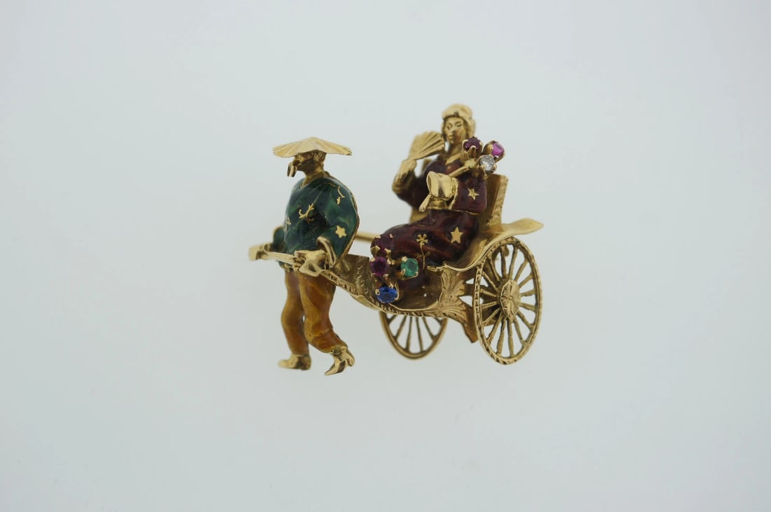 18K 750 YELLOW GOLD ENAMEL RIKSHA BROOCH PIN STAMPED RUBY SAPPHIRE DIAMOND - 6