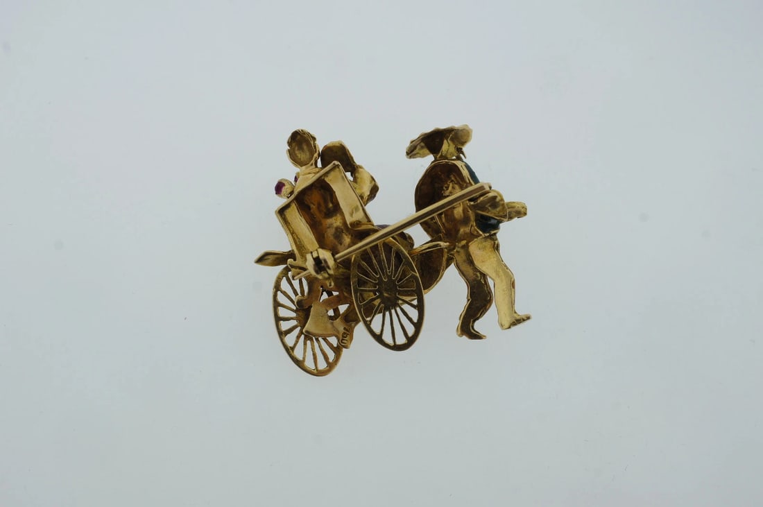 18K 750 YELLOW GOLD ENAMEL RIKSHA BROOCH PIN STAMPED RUBY SAPPHIRE DIAMOND - 8