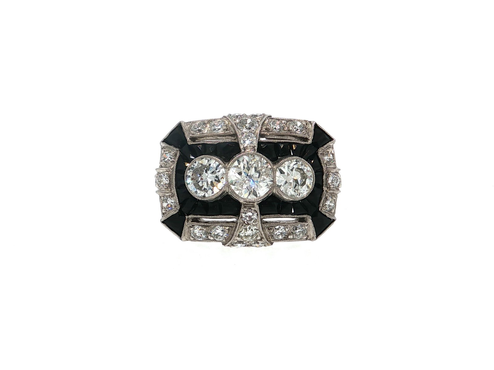 Art Deco Diamond and Onyx Geometric Cocktail Ring in Platinum: Title: Art Deco Diamond and Onyx Geometric Cocktail Ring in Platinum Description: This exquisite Art Deco style cocktail ring features three central antique rose cut diamonds of I/J color and SI1 clar