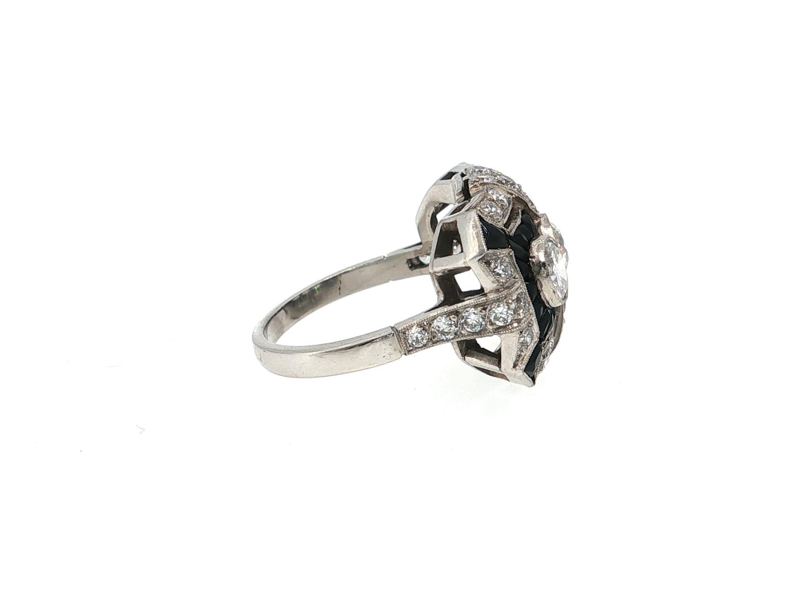 Art Deco Diamond and Onyx Geometric Cocktail Ring in Platinum - 4