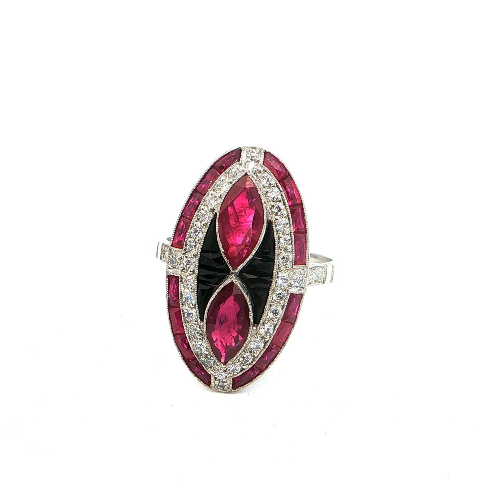 Platinum Ring with Diamonds and Natural Rubies: Title: Platinum Ring with Diamonds and Natural Rubies Description: Experience the allure of this platinum cocktail ring, showcasing 2 natural marquise cut rubies that weigh 1.50ctw and 16 natural