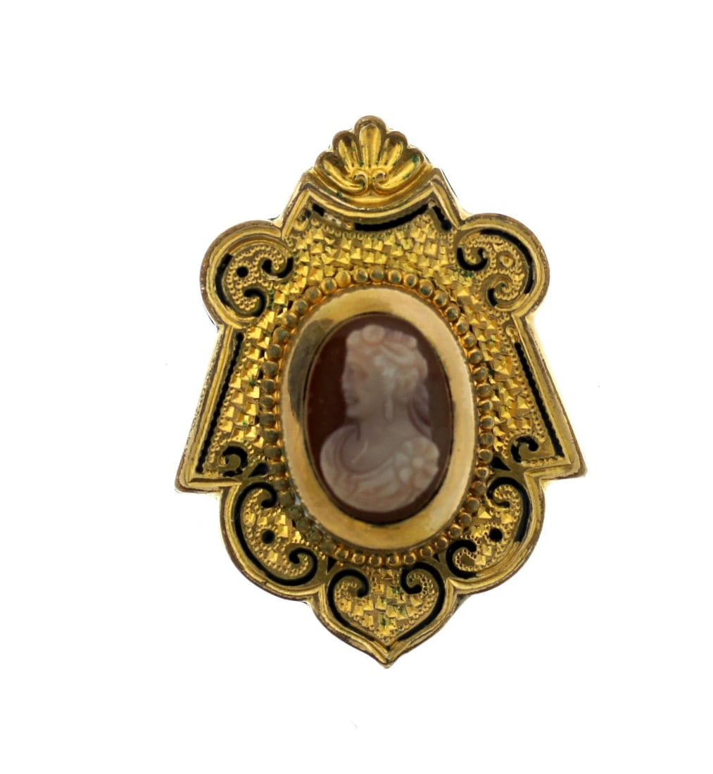 C.1900 VICTORIAN SLIDE PENDANT ENAMEL GOLD PLATED CARVED CAMEO - 2