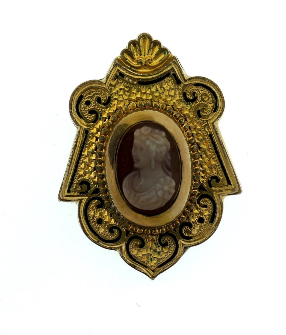 C.1900 VICTORIAN SLIDE PENDANT ENAMEL GOLD PLATED CARVED CAMEO - 3