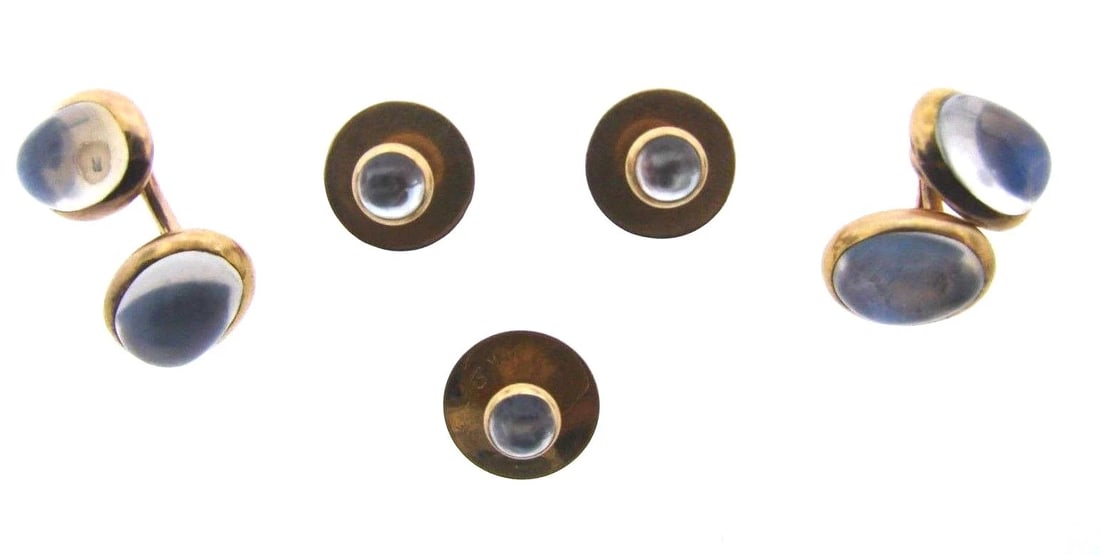 UNIQUE 14k Yellow Gold & Moonstone Cufflinks and Stud Set Circa 1900s: Title: UNIQUE 14k Yellow Gold & Moonstone Cufflinks and Stud Set Circa 1900s Description: DK Victorian 14k Yellow Gold & Moonstone Cufflinks & Stud Set Circa 1900s This wonderful item is a necessity