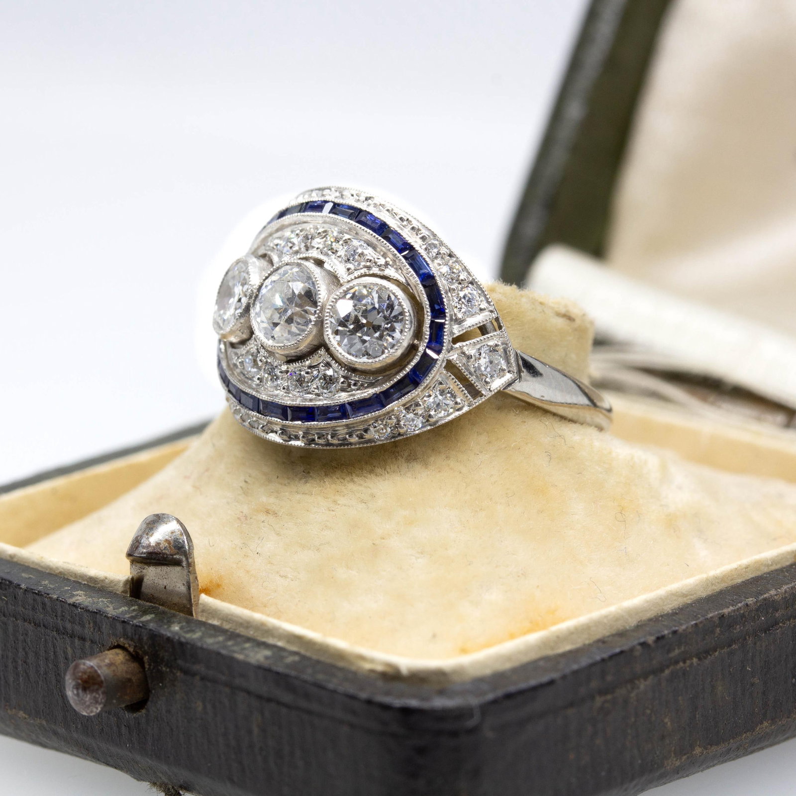 Art Deco Inspired Platinum Old Mine Diamond and Natural Sapphire Ring - 4