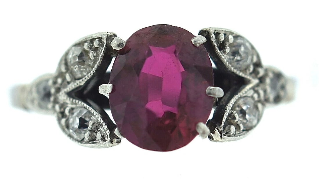 1950’s Platinum Synthetic Ruby Rose Cut Diamond Ring Flower Leaves ( Lab Created - 7