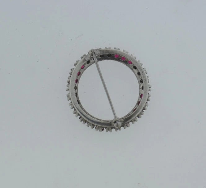 C.1920 STERLING SILVER PIN BROOCH RED & WHITE STONES PIN BROOCH STAMPED - 5