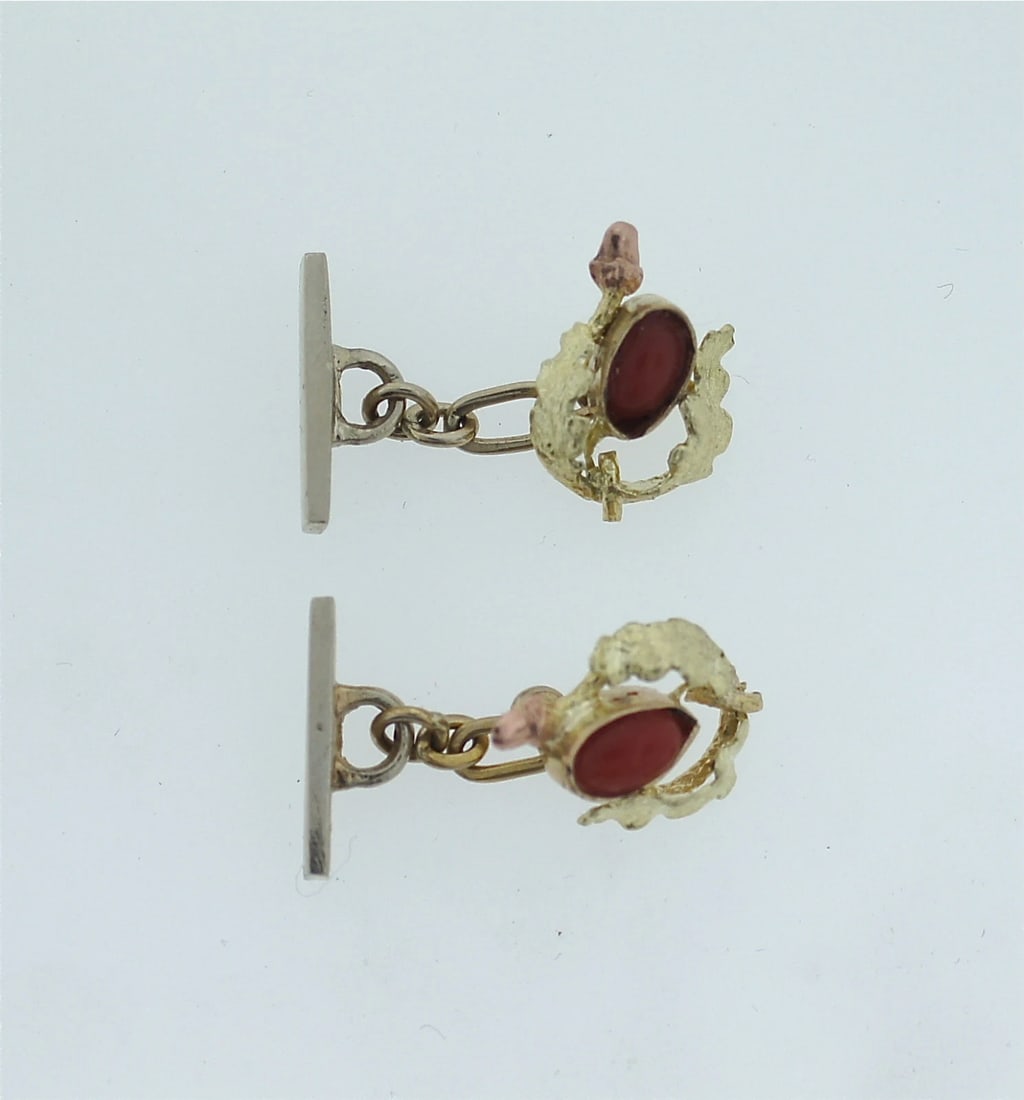 C.1900 14K YELLOW & ROSE GOLD CORAL CUFFLINKS MEN'S JEWELRY CUFF LINKS: Title: C.1900 14K YELLOW & ROSE GOLD CORAL CUFFLINKS MEN'S JEWELRY CUFF LINKS Description: N-UTO C.1900 VICTORIAN 14K YELLOW & ROSE GOLD CORAL CUFFLINKS TRULY AMAZING UNIQUE AUTHENTIC PIECE MAKES A