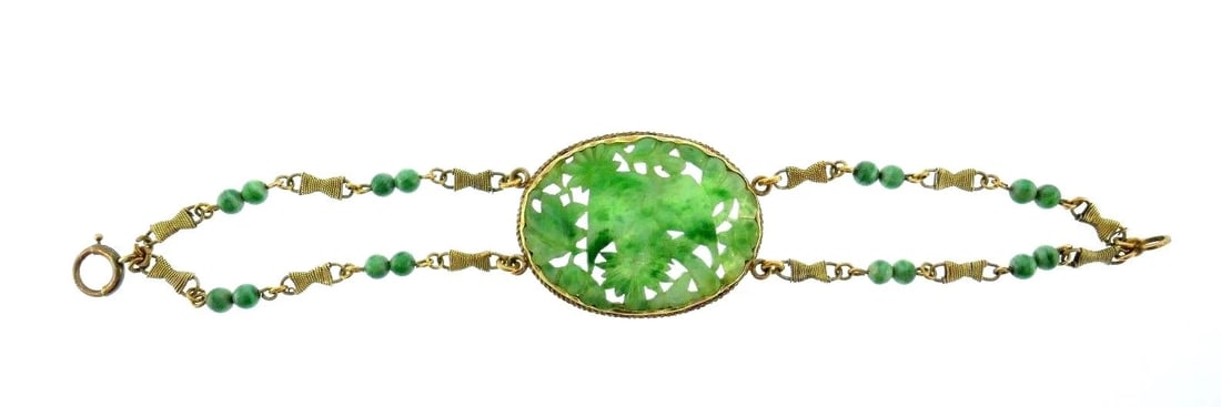 14k Yellow Gold Carved Jade Antique Bracelet: Title: 14k Yellow Gold Carved Jade Antique Bracelet Description: NS NT0 Beautiful 14k Yellow Gold Carved Jade Antique Bracelet Measurements: Length is 7 inches, a widest part is 1 inch Intended for