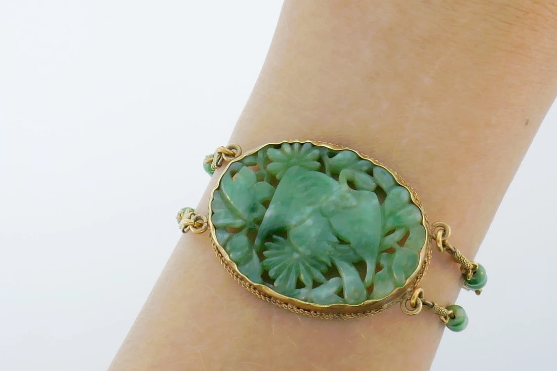 14k Yellow Gold Carved Jade Antique Bracelet - 6