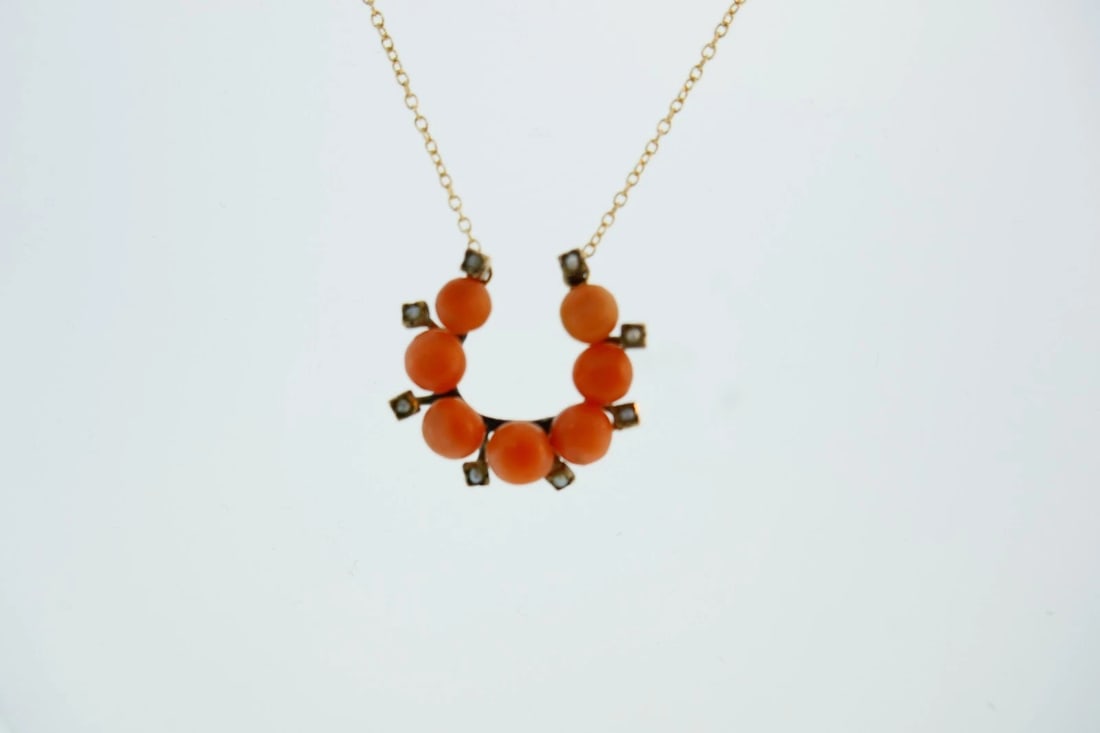 Antique 9k Rose Gold Coral Pearl Pendant 14k Yellow Gold Chain Necklace - 2
