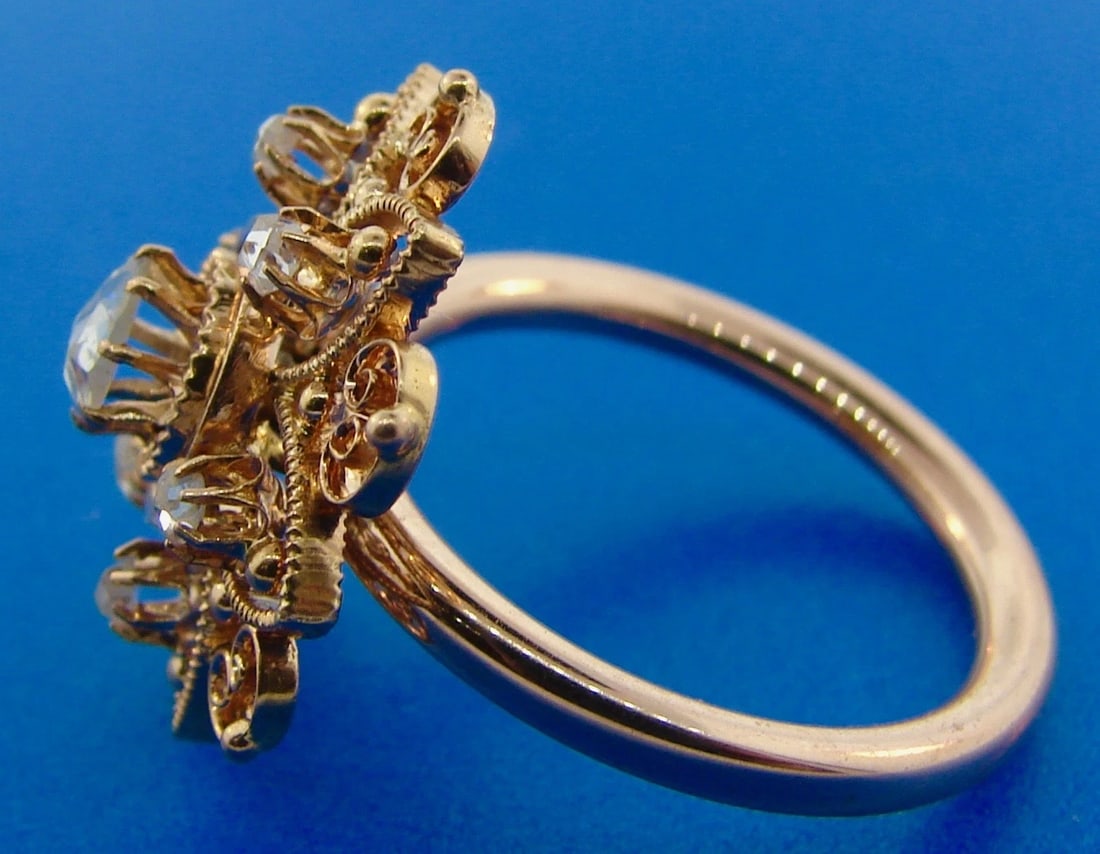 Victorian 14k Yellow Gold Lace Filigree Rose Cut Diamond Slice Flower Ring - 2