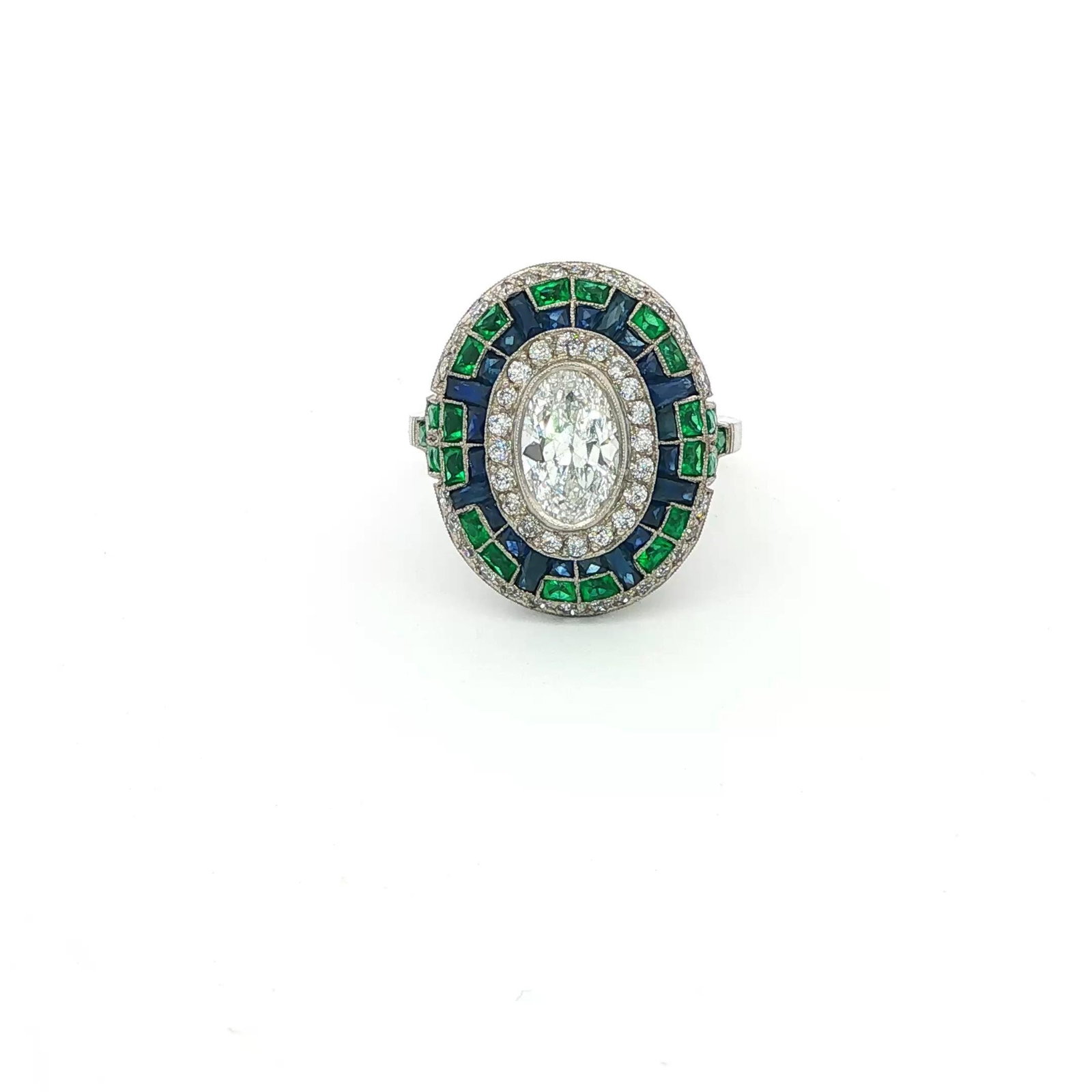 Platinum Diamond, Emerald and Sapphire Ring