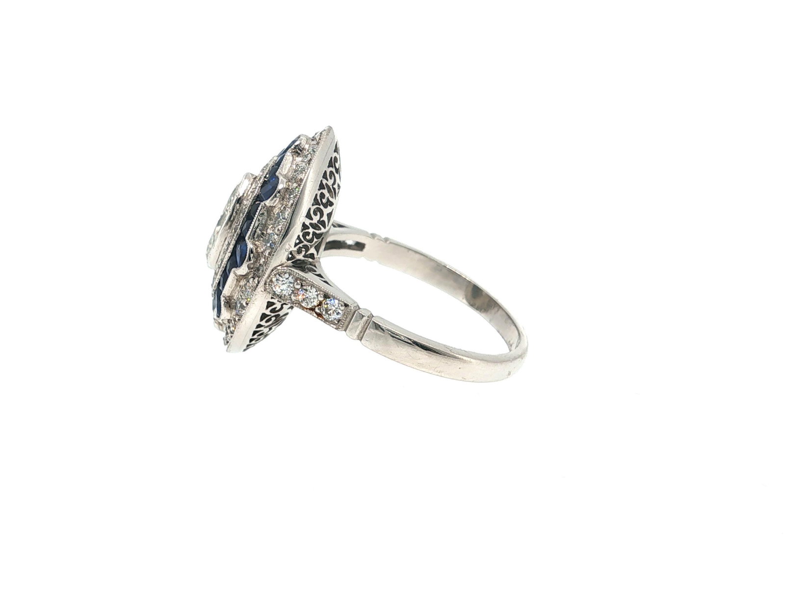 Marquise Diamond and Blue Sapphire Platinum Cocktail Ring - 2