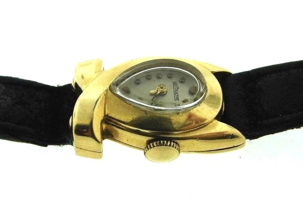 LECOULTRE VINTAGE RETRO WATCH C1940 14K YELLOW GOLD LEATHER STRAP STAMPED - 2