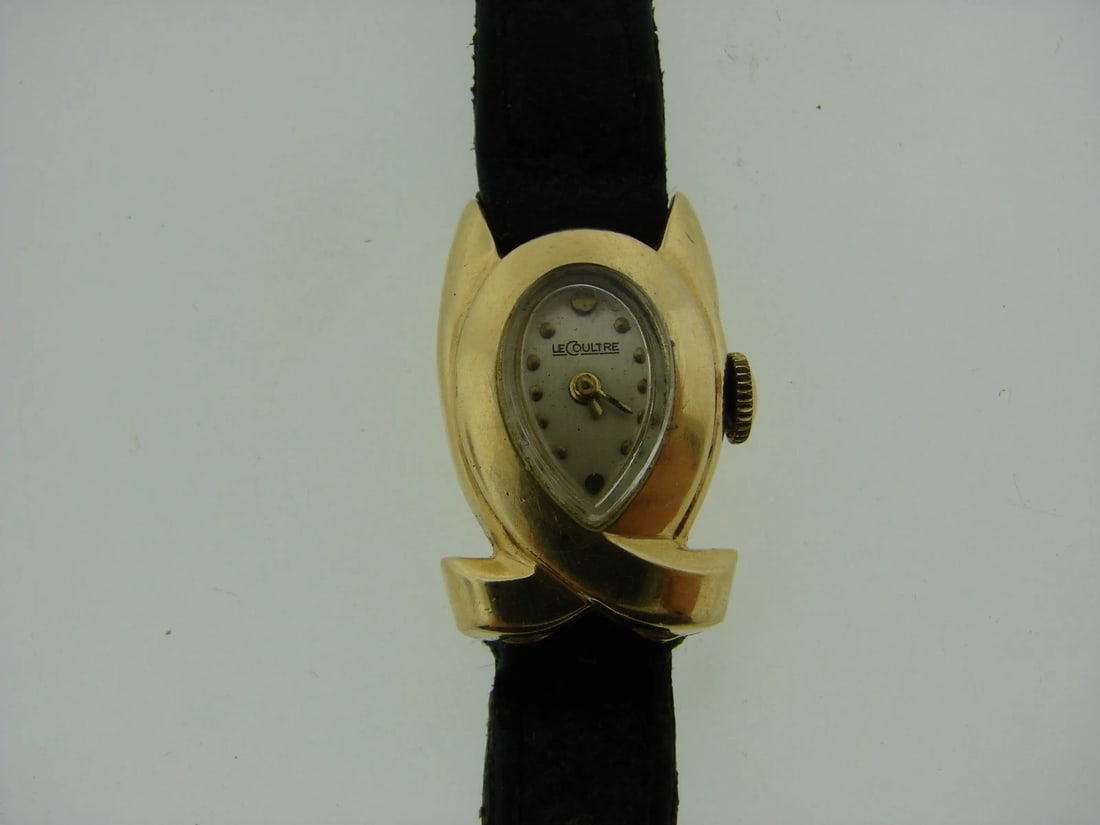 LECOULTRE VINTAGE RETRO WATCH C1940 14K YELLOW GOLD LEATHER STRAP STAMPED - 4
