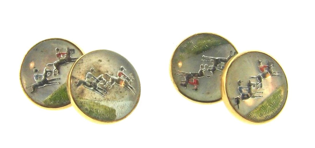 GORGEOUS Victorian 14k Yellow Gold, Enamel & Rock Crystal Hand Painted Cufflinks: Title: GORGEOUS Victorian 14k Yellow Gold, Enamel & Rock Crystal Hand Painted Cufflinks Description: DK Victorian 14k Yellow Gold, Rock Crystal & Hand Painted Enamel Cufflinks · Wonderful