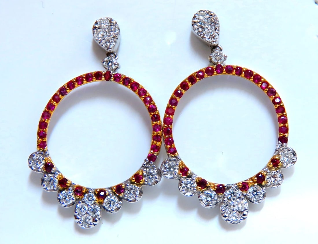 Ruby Diamonds Earrings Dangle Circle 14kt Gold Natural**: Title: Ruby Diamonds Earrings Dangle Circle 14kt Gold Natural** Description: Mod Deco Circular Dangle Ruby & Diamonds .50ct. Natural Red Round Rubies. Heated Rubies: Rounds, Full Cuts. Transparent, cl