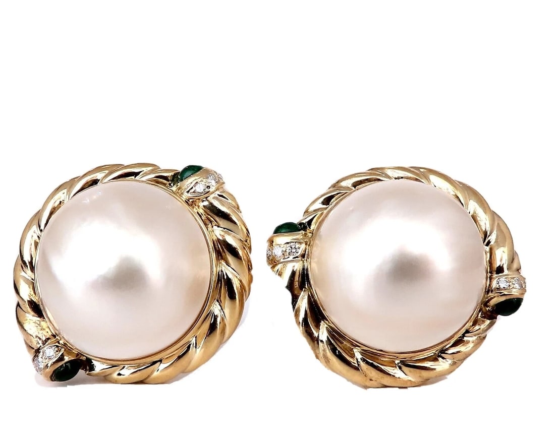 18.4mm Mabe Pearls .80ct emerald Clip Earrings 18kt Gold** (1 of 6)