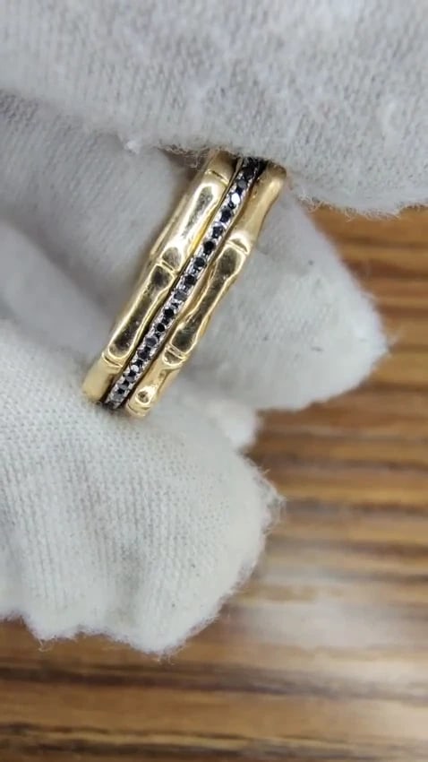 .40ct Natural Black Diamonds & Bamboo Deco Bands Stacking Rings 14kt gold *v - 2