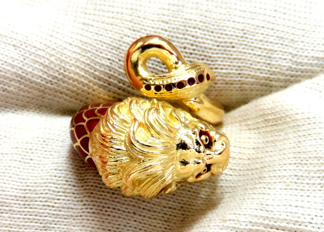 18kt Gold Lion Wrap Enamel Ring ** - 6