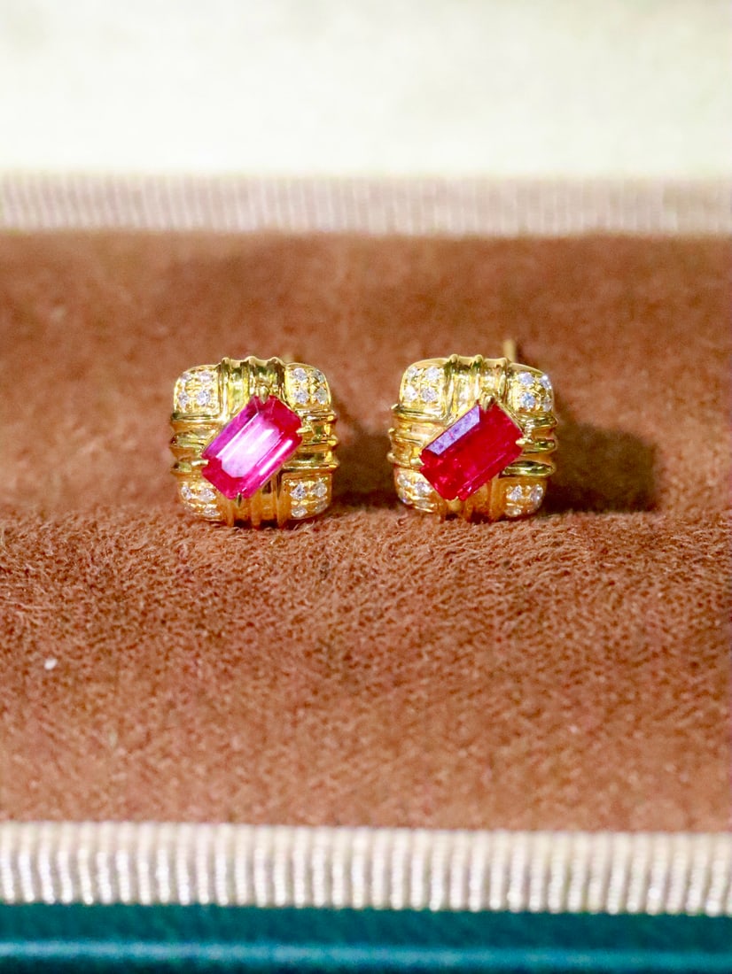 18K Gold Natural Ruby Earrings - 2
