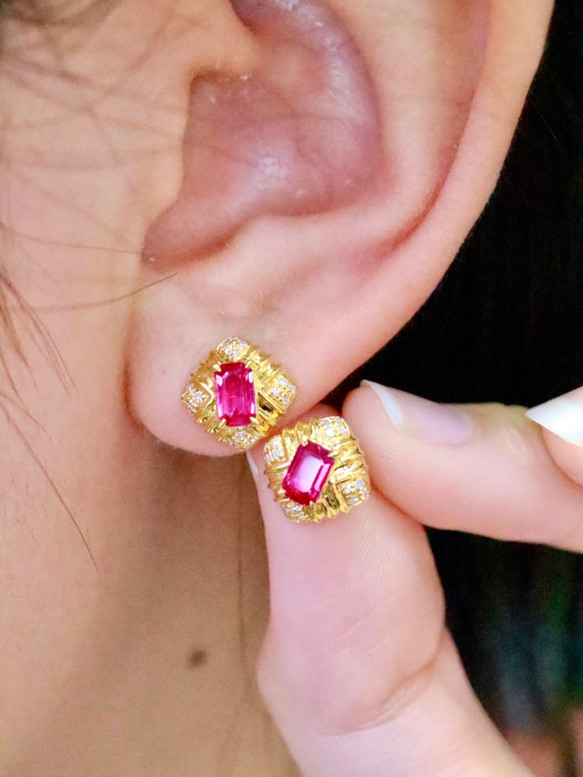 18K Gold Natural Ruby Earrings - 5