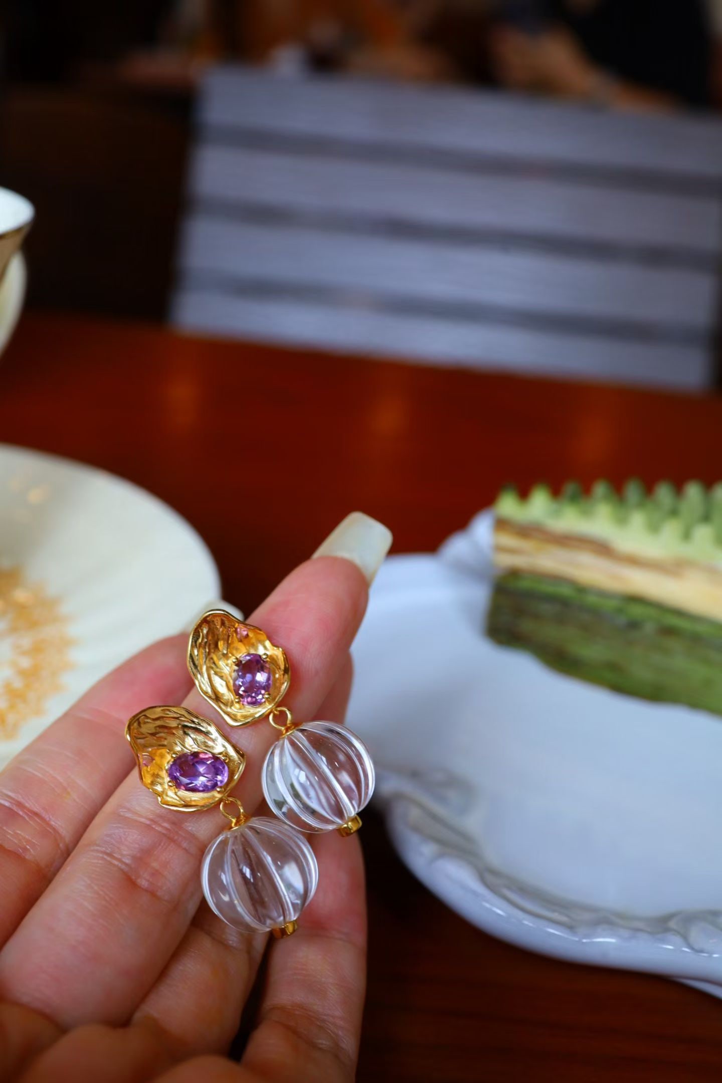 Natural amethyst and white crystal pumpkin bead earrings (1 of 9)