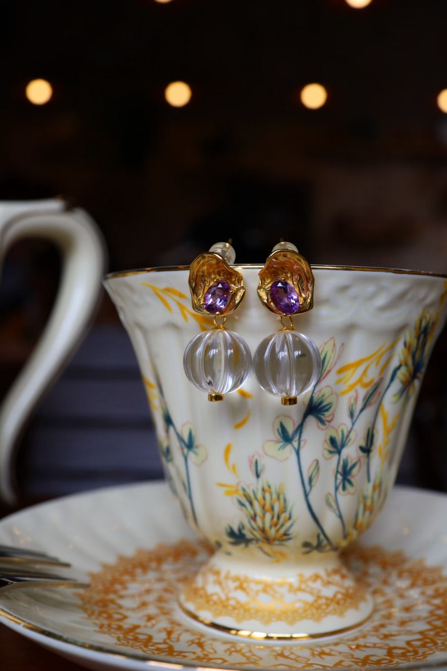 Natural amethyst and white crystal pumpkin bead earrings - 6